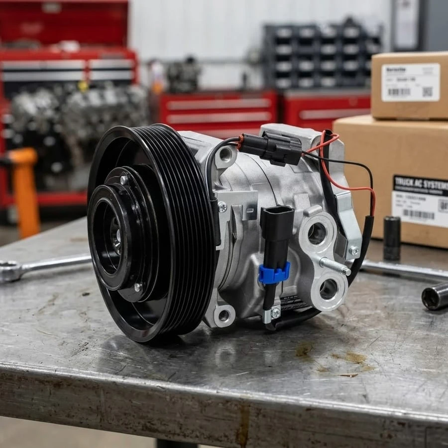 Semi truck A/C compressor on shop workbench &mdash; OEM and aftermarket replacement for Class 8 heavy-duty trucks