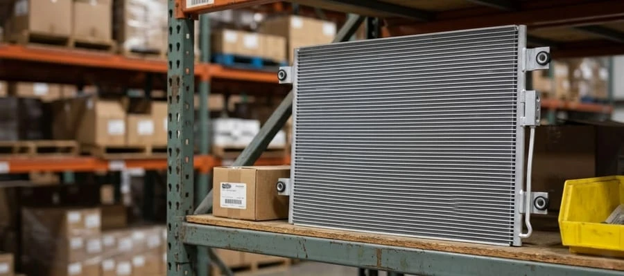 New semi truck A/C condenser on warehouse parts shelf &mdash; replacement for Freightliner Kenworth Peterbilt Volvo Mack heavy-duty truck air conditioning