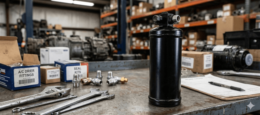 A/C receiver drier for Class 8 semi trucks