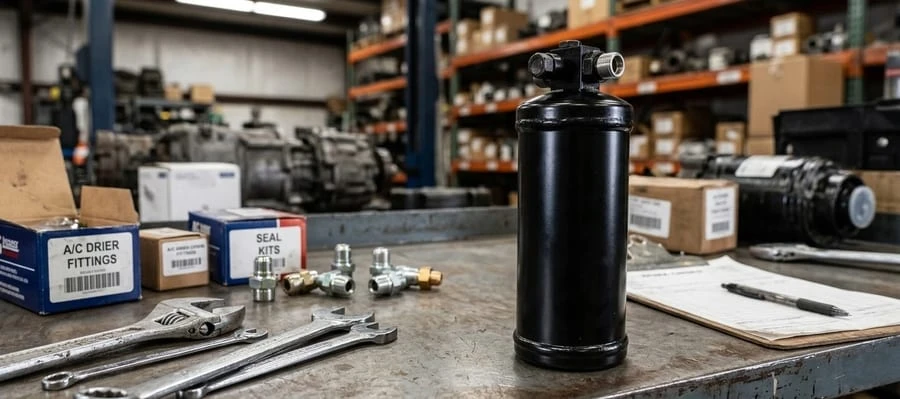 Semi truck A/C receiver drier on workbench with A/C fittings and seal kits &mdash; replacement for Class 8 truck refrigerant systems