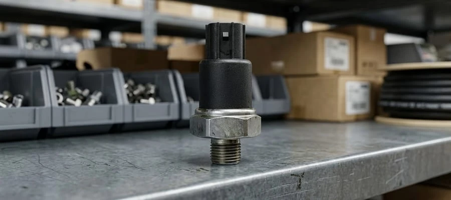 Semi truck A/C pressure switch sensor on parts shelf &mdash; replacement for Class 8 heavy-duty truck air conditioning high and low pressure ports