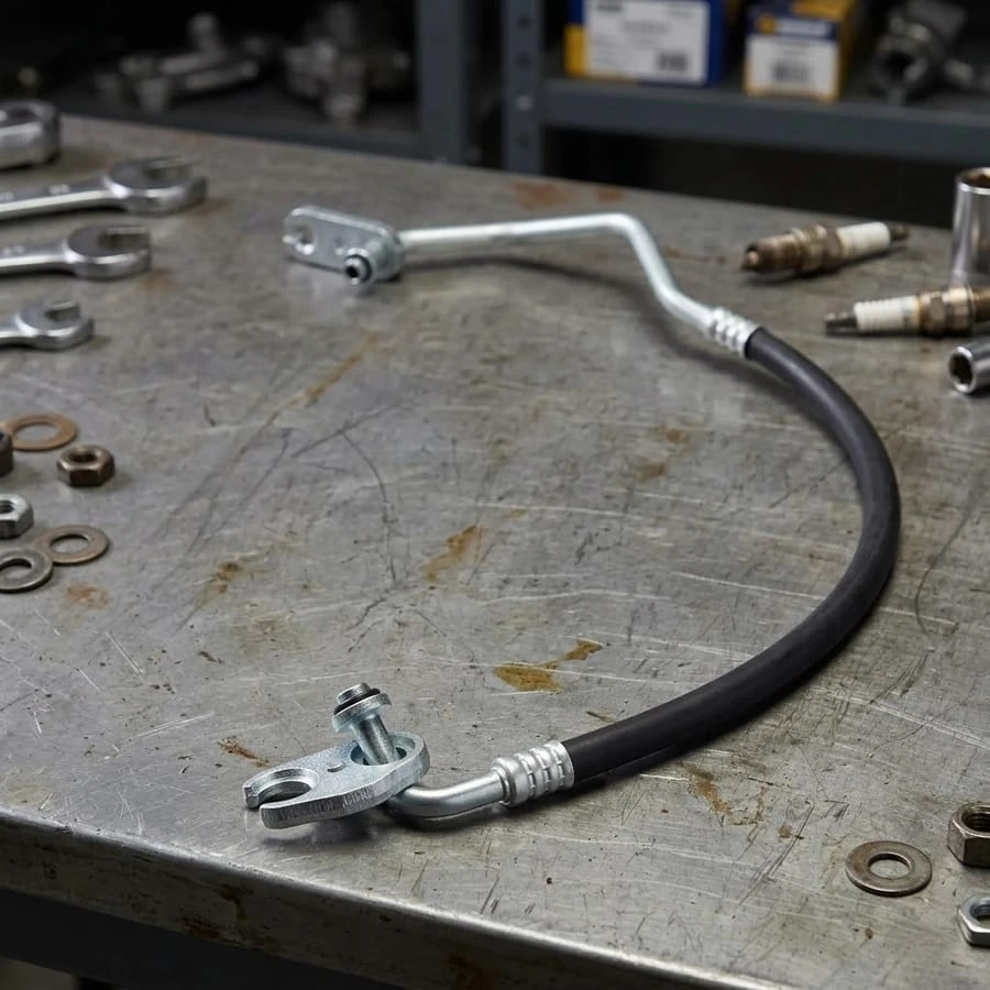 Semi truck A/C refrigerant hose and fittings on shop workbench &mdash; replacement lines for Class 8 heavy-duty truck air conditioning systems