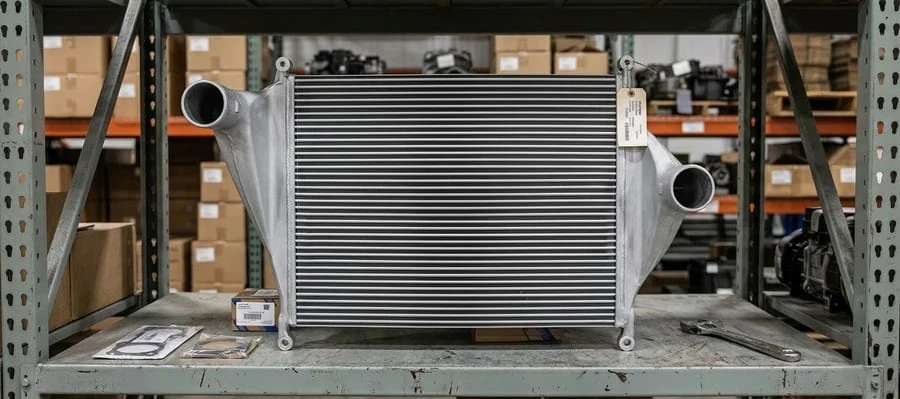 New semi truck charge air cooler (CAC intercooler) on warehouse parts shelf &mdash; replacement for Freightliner Kenworth Peterbilt turbocharged diesel engines