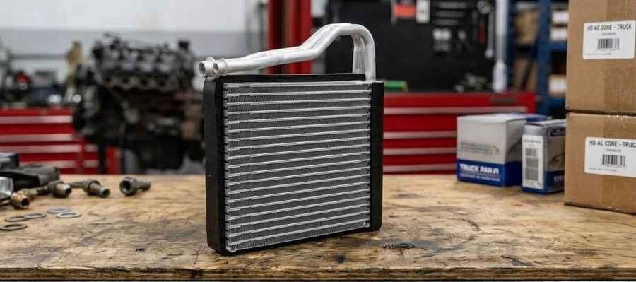 Semi truck A/C evaporator core on shop workbench &mdash; replacement for Class 8 truck cab air conditioning cooling system