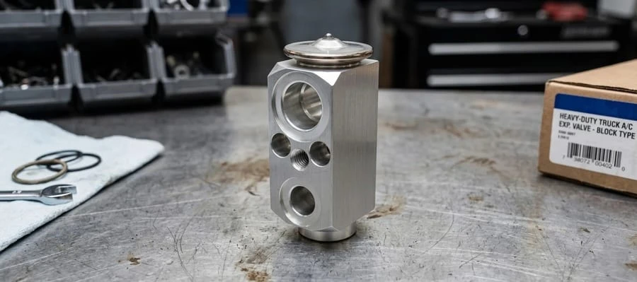 Semi truck A/C TXV block expansion valve on shop workbench &mdash; heavy-duty truck air conditioning replacement part