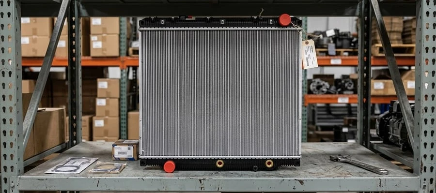 New semi truck radiator on warehouse parts shelf &mdash; OEM-spec replacement for Freightliner Kenworth Peterbilt Volvo Mack