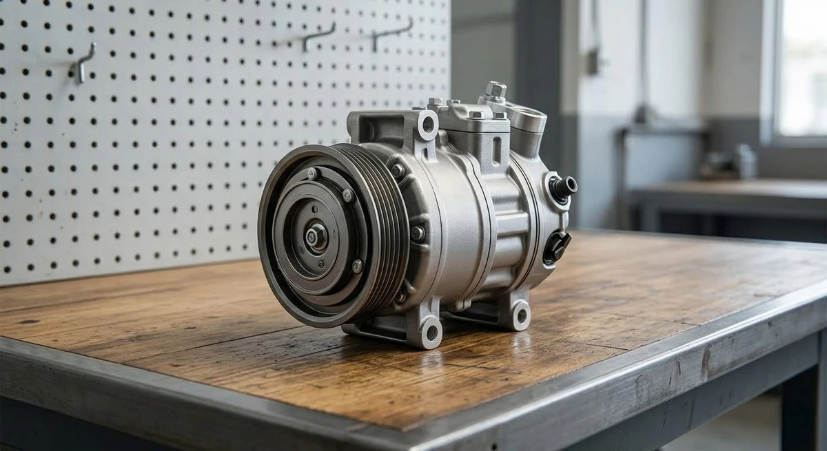 Semi truck A/C compressor — belt-driven unit mounted on engine showing clutch assembly and hose connections