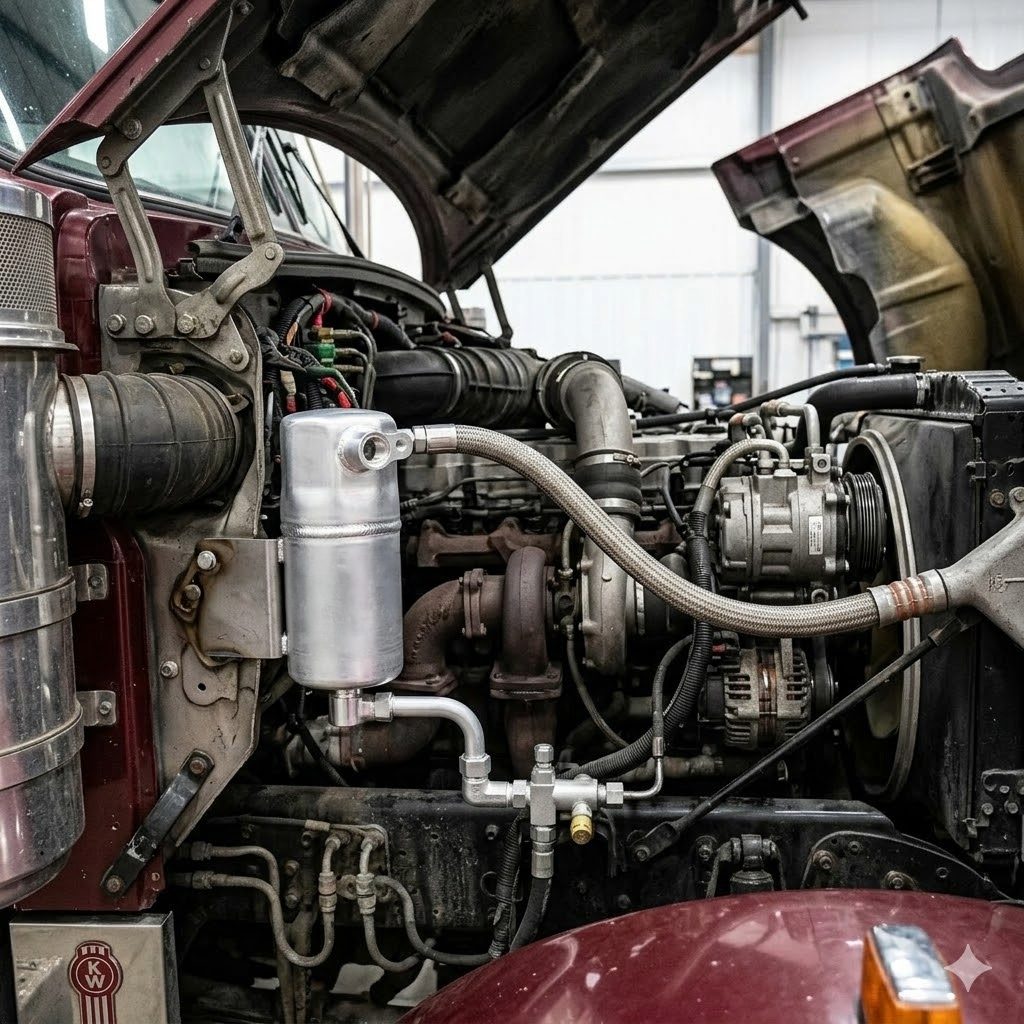 Semi truck A/C receiver-dryer — cylindrical aluminum accumulator for moisture filtration