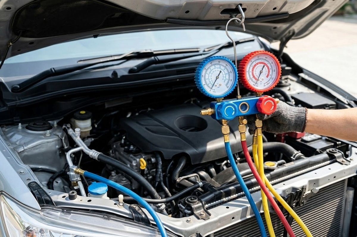 Mechanic using manifold gauge set to check refrigerant pressure on a semi truck A/C system