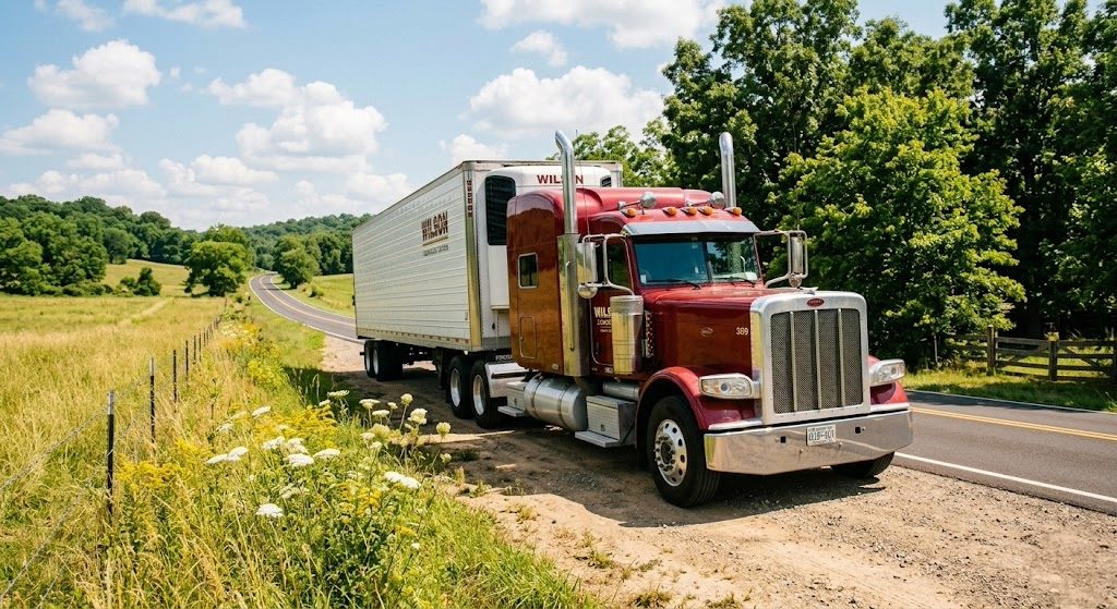 Semi truck parked on summer highway with cab interior showing dashboard vents — A/C system not cooling