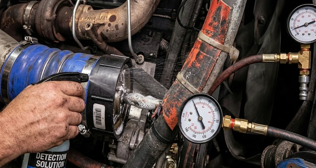 Mechanic performing boost leak test on semi truck charge air cooler system — pressurizing intake to 30 PSI to locate cracks