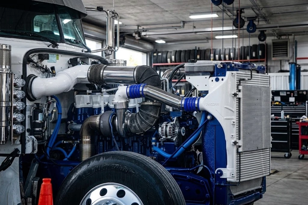 Semi truck engine bay showing charge air cooler (CAC) mounted in front of the radiator — Freightliner Cascadia