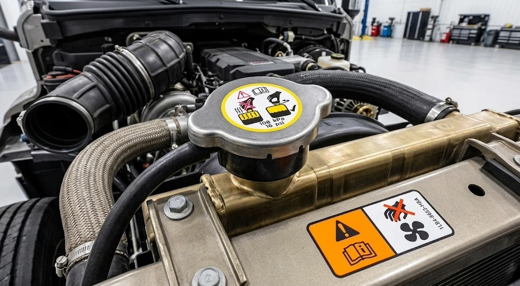 Close-up of semi truck radiator cap being removed — engine must be completely cold before opening