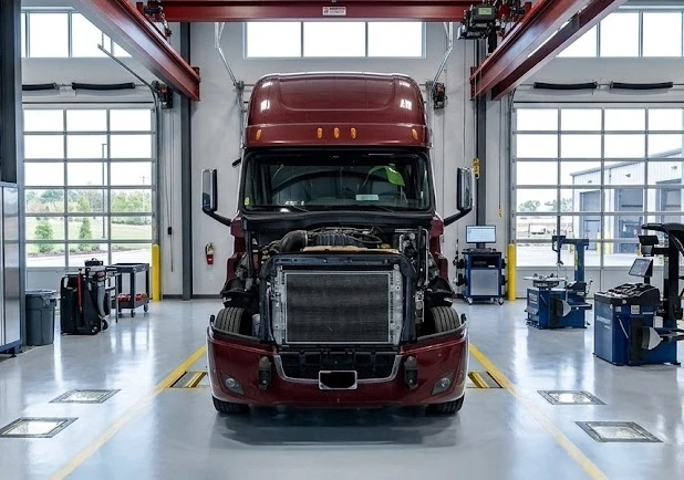 Semi truck engine bay showing radiator and cooling system components — step-by-step flush guide