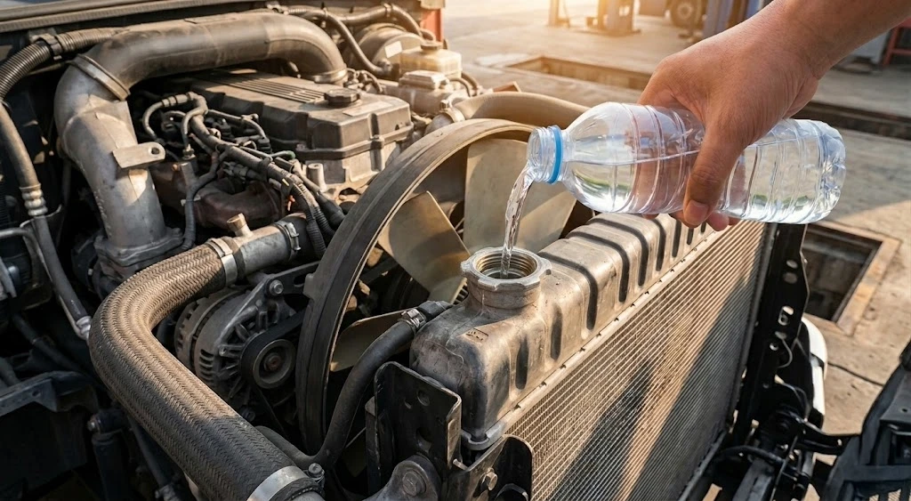 Distilled water being poured into semi truck radiator fill neck — flushing the cooling system