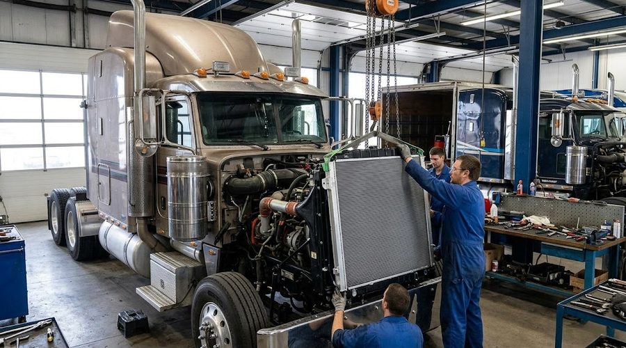 Mechanic installing new radiator in semi truck engine bay &mdash; heavy-duty truck cooling system repair
