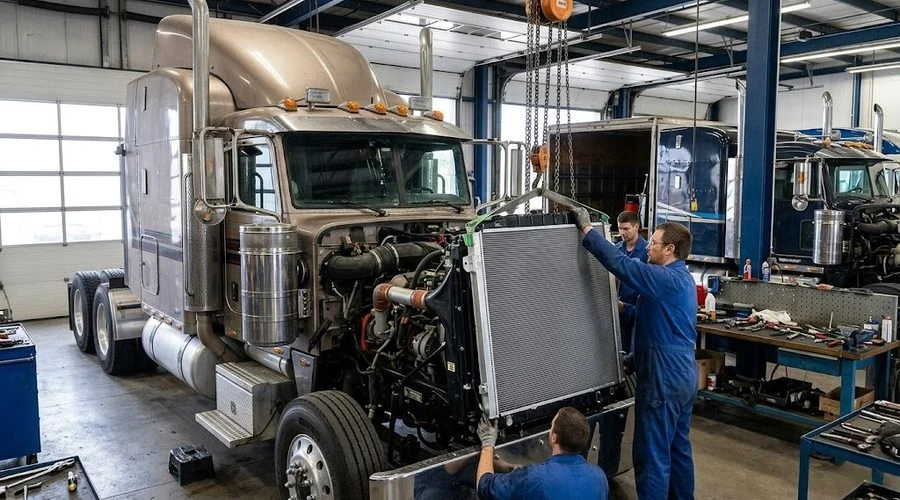 Mechanic installing new radiator in semi truck engine bay &mdash; heavy-duty truck cooling system repair