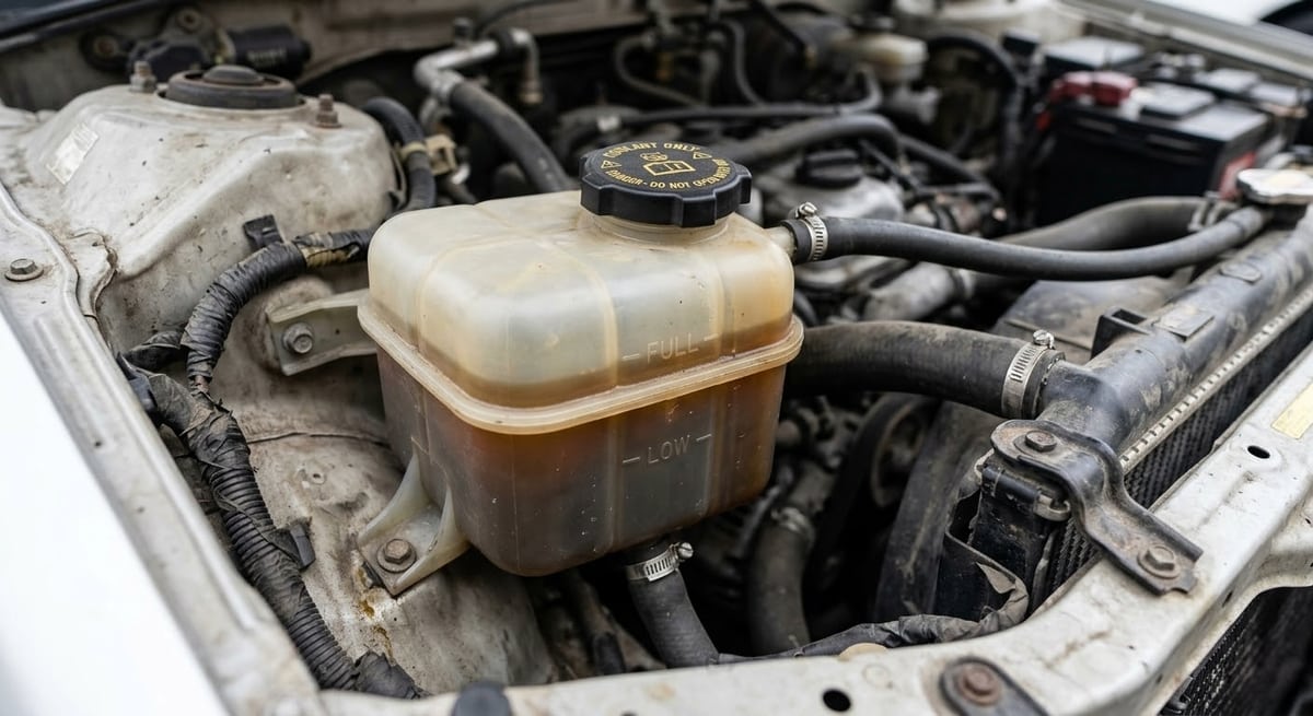 Semi truck coolant reservoir tank showing dark brown discolored fluid &mdash; sign of degraded inhibitors and internal corrosion