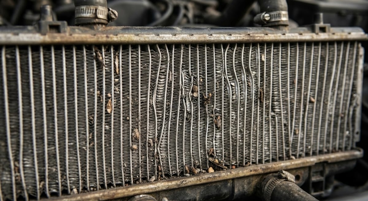 Close-up of severely clogged semi truck radiator fins packed with road debris &mdash; drastically reducing airflow and cooling capacity