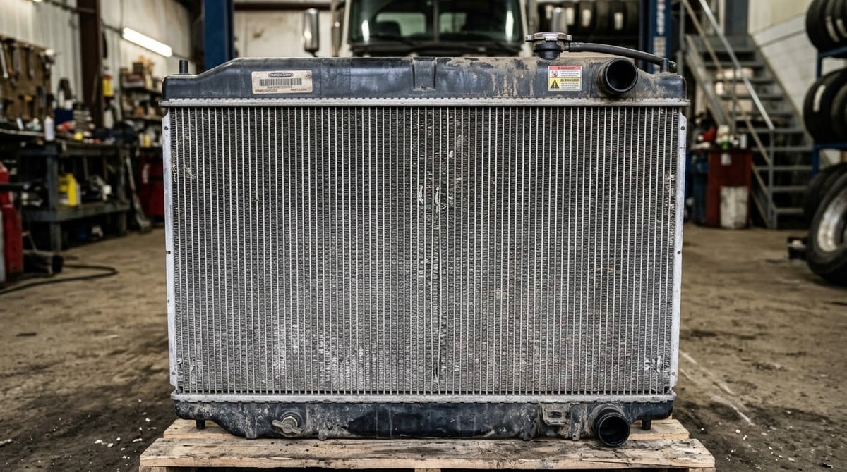 Used semi truck radiator removed from engine sitting on pallet in auto repair shop &mdash; aluminum core with plastic end tanks