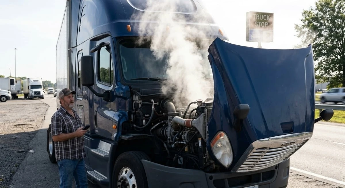 Semi truck driver standing beside Freightliner Cascadia with hood open and steam rising from overheated engine at truck stop