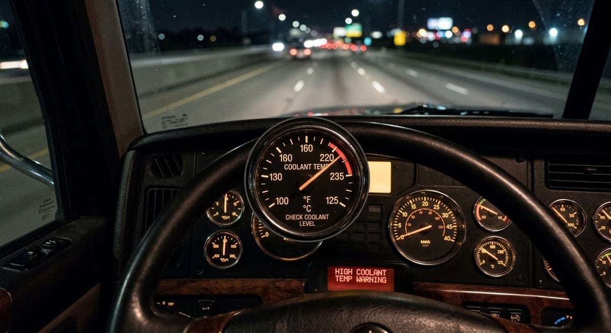 Semi truck dashboard at night showing coolant temperature gauge running high &mdash; early warning sign of radiator failure