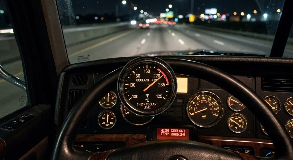 Semi truck dashboard at night showing coolant temperature gauge running high &mdash; early warning sign of radiator failure